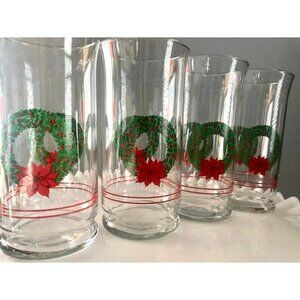 4 Libbey glasses Christmas Wreath Poinsettia VTG clear drinking glasses Vintage